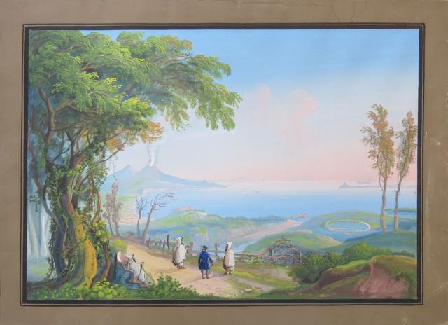 ANONIMO. Veduta animata nei pressi di Napoli (Camaldoli, Lago Averno).