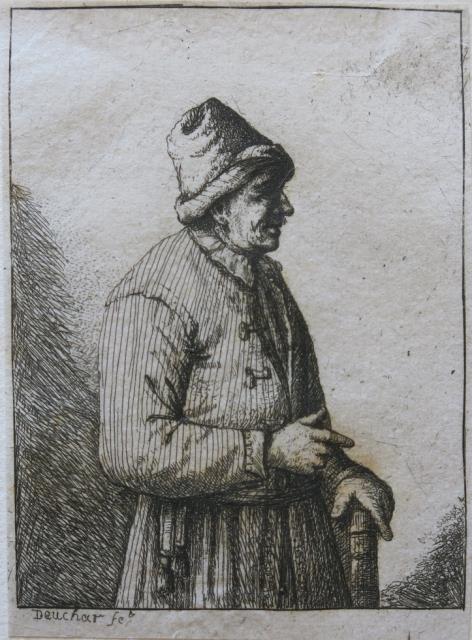 DEUCHAR, DAVID. Mezza figura di uomo con copricapo e bastone voltato a destra.