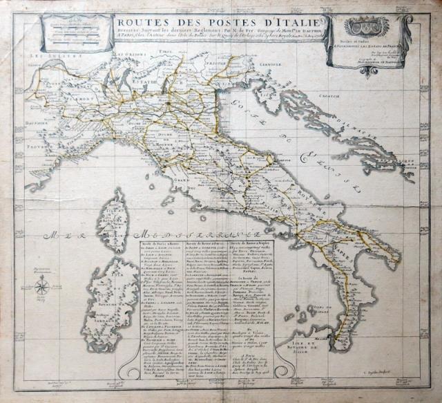 DE FER, NICOLAS. Routes des Postes d'Italie. Dressées suivant les derniers...