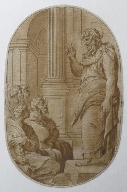 MULINARI, STEFANO. Scena mitologico religiosa con figure maschili in ascolto...