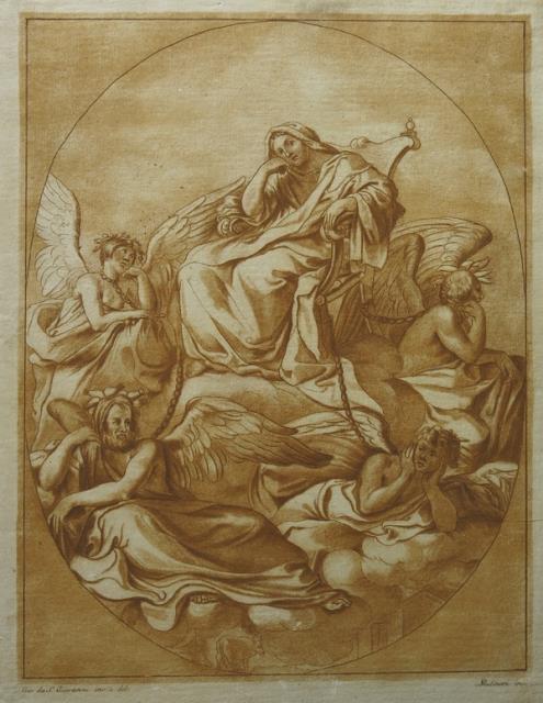 MULINARI, STEFANO. Scena mitologica con figura femminile in trono e figure...