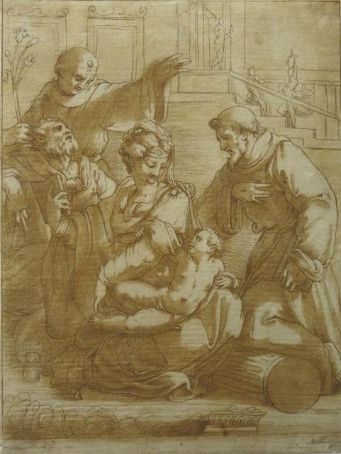 MULINARI, STEFANO. Scena religiosa con Madonna Santi e bambino.