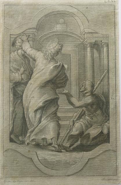 MULINARI, STEFANO. Figura maschile che chiede la carità davanti il tempio.