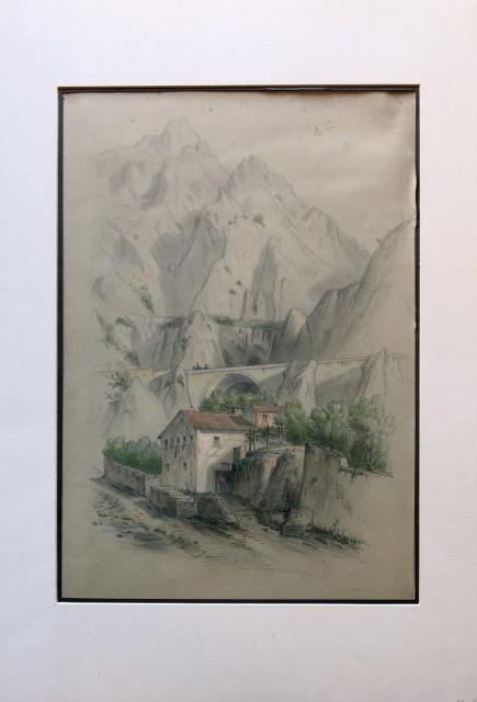 ANONIMO. Scorcio montano con ponte e abitazioni.