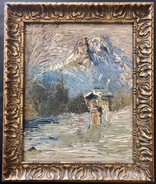 NON FIRMATO. Scorcio di montagna con edicola religiosa nella neve e monte
