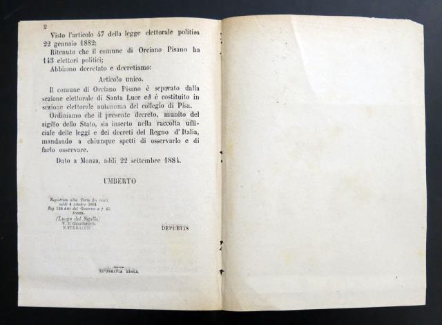 UMBERTO I. Regio Decreto che costituisce il comune di Orciano Pisano...